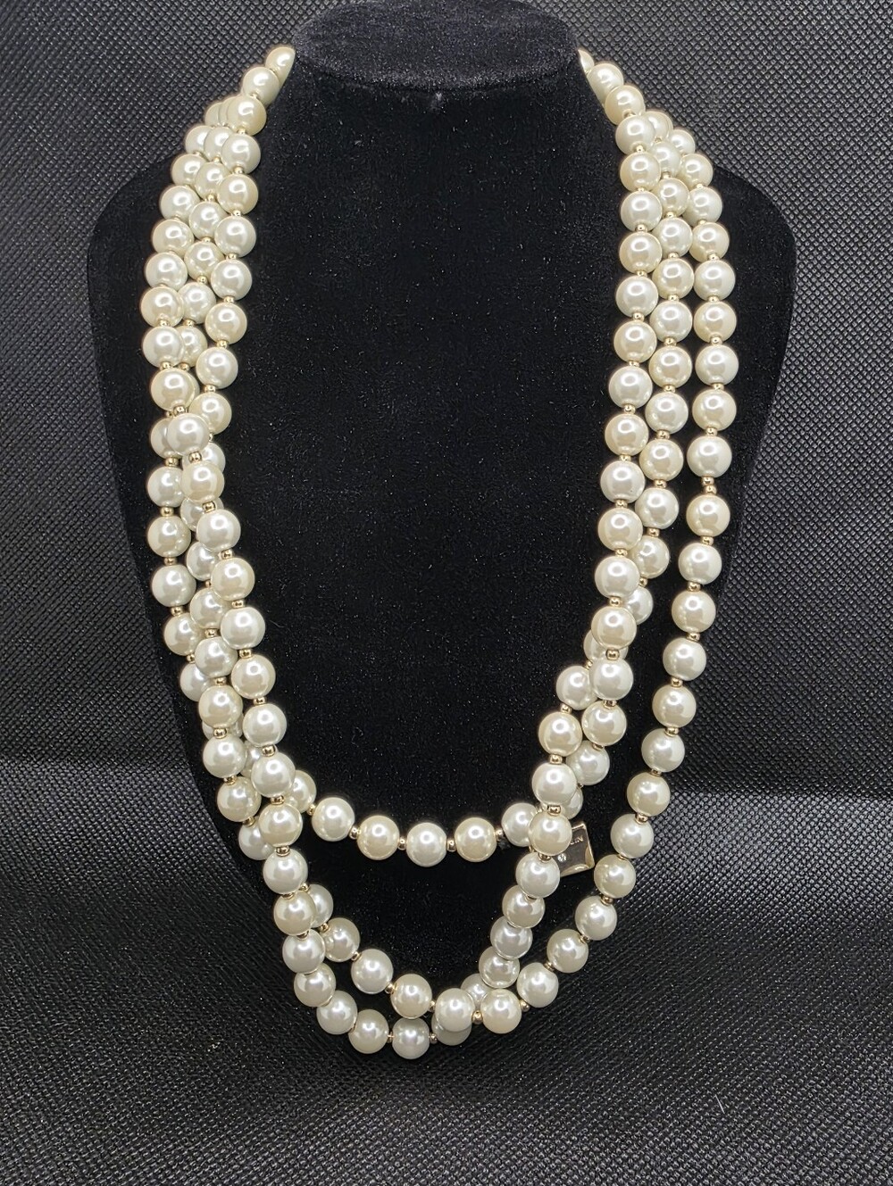 Vintage Anne Klein Signed Faux Pearl Gold Spacer Bead 50” Opera Necklace